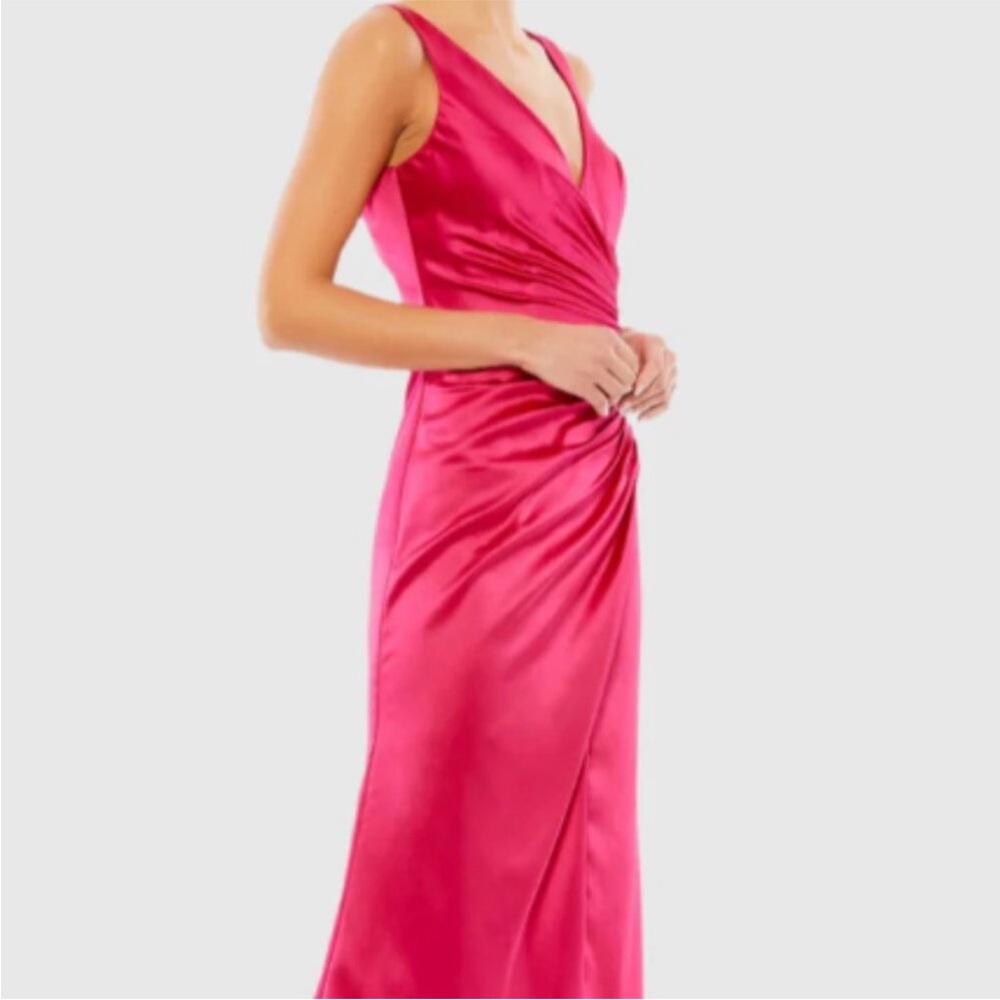 MAC DUGGAL 26625 SATIN RUCHED V-NECK FAUX WRAP LIPSTICK PINK MIDI DRESS sz 4 - Picture 5 of 11